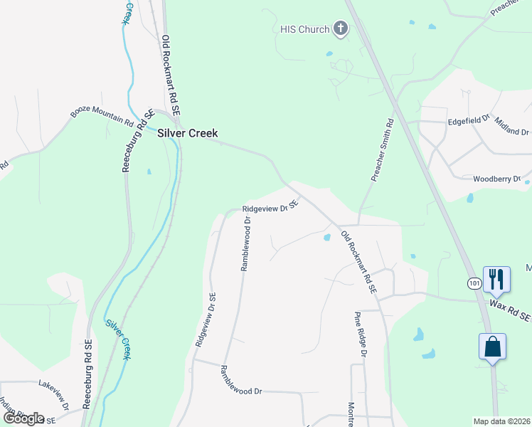 map of restaurants, bars, coffee shops, grocery stores, and more near 7 Ridgeview Drive Southeast in Silver Creek
