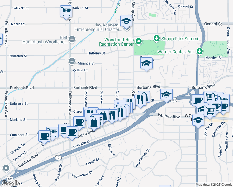 map of restaurants, bars, coffee shops, grocery stores, and more near 22503 Berdon Street in Los Angeles