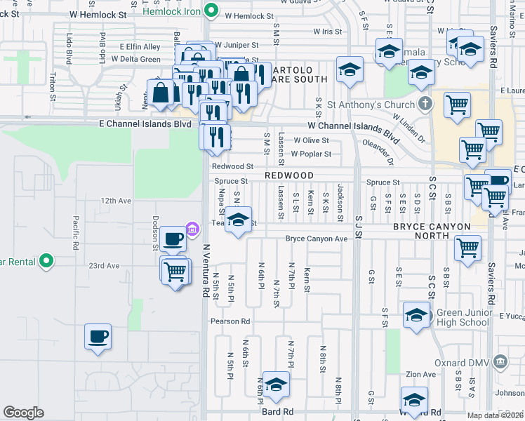 map of restaurants, bars, coffee shops, grocery stores, and more near 3121 South M Street in Oxnard