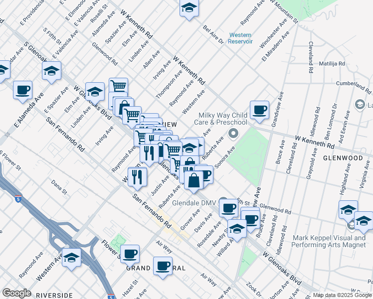 map of restaurants, bars, coffee shops, grocery stores, and more near 1151 Justin Avenue in Glendale