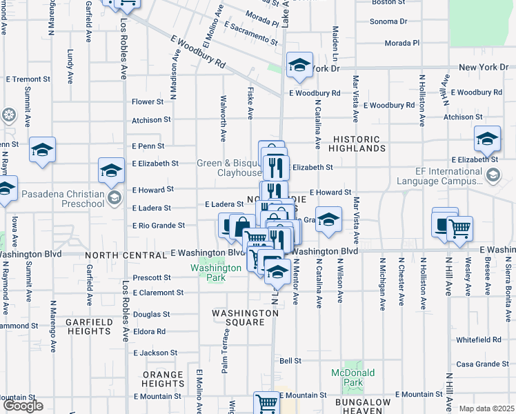map of restaurants, bars, coffee shops, grocery stores, and more near 834 East Ladera Street in Pasadena