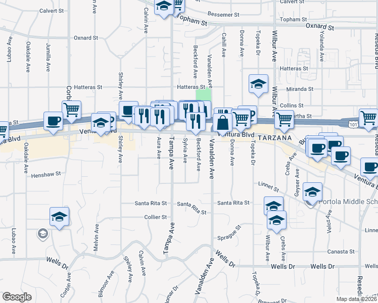 map of restaurants, bars, coffee shops, grocery stores, and more near 5514 Sylvia Avenue in Los Angeles