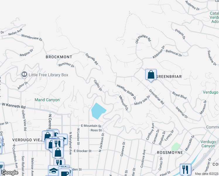 map of restaurants, bars, coffee shops, grocery stores, and more near 1645 Melwood Drive in Glendale