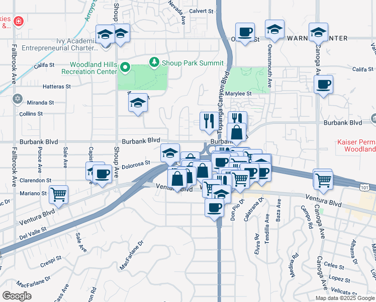 map of restaurants, bars, coffee shops, grocery stores, and more near 22100 Burbank Boulevard in Los Angeles