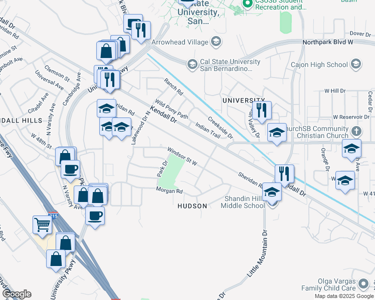 map of restaurants, bars, coffee shops, grocery stores, and more near 1535 Sheridan Road in San Bernardino