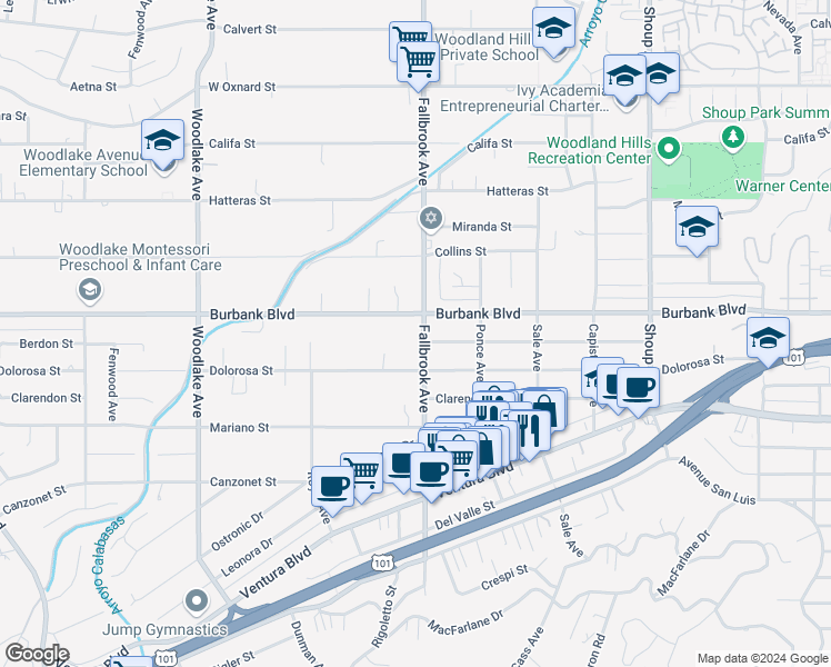 map of restaurants, bars, coffee shops, grocery stores, and more near 5543 Fallbrook Avenue in Los Angeles