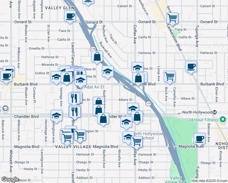 map of restaurants, bars, coffee shops, grocery stores, and more near 5530 Carpenter Avenue in Los Angeles