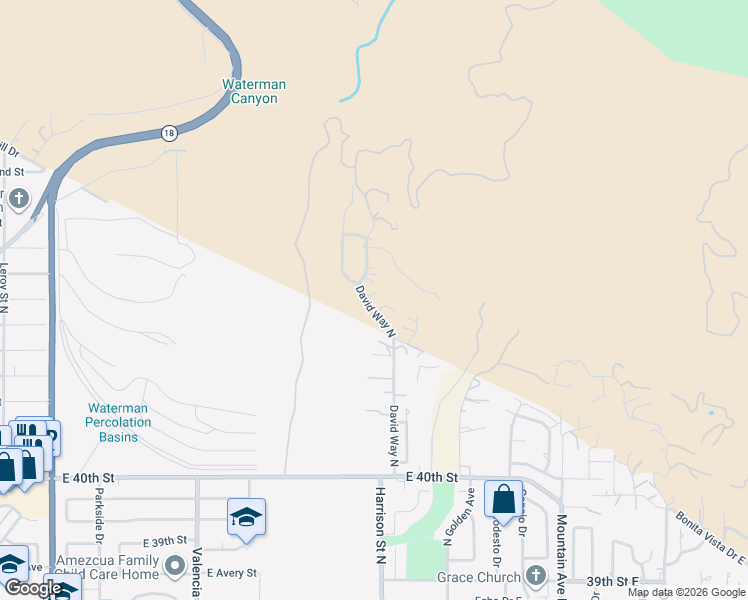 map of restaurants, bars, coffee shops, grocery stores, and more near 4704 David Way North in San Bernardino