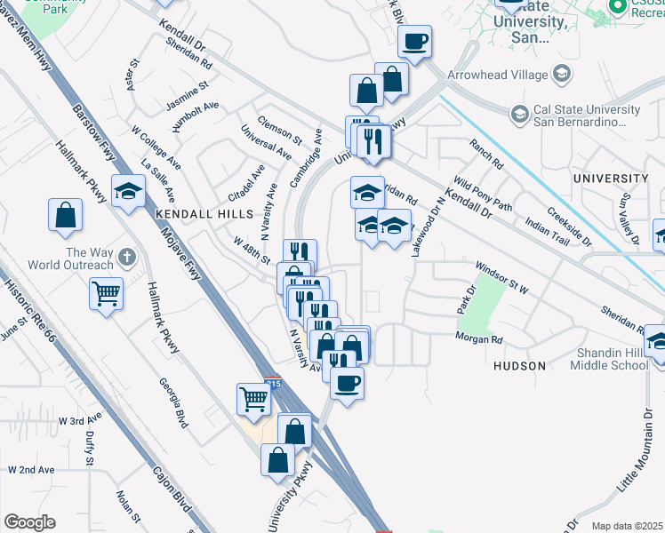 map of restaurants, bars, coffee shops, grocery stores, and more near 1930 West College Avenue in San Bernardino