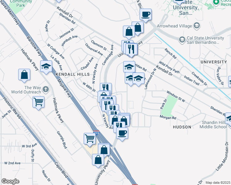 map of restaurants, bars, coffee shops, grocery stores, and more near 1930 West College Avenue in San Bernardino