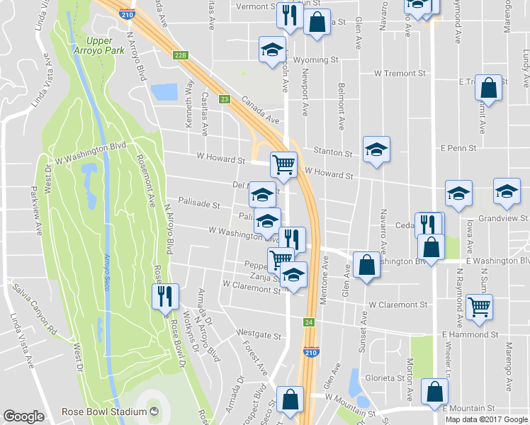 map of restaurants, bars, coffee shops, grocery stores, and more near 498 Macdonald Street in Pasadena