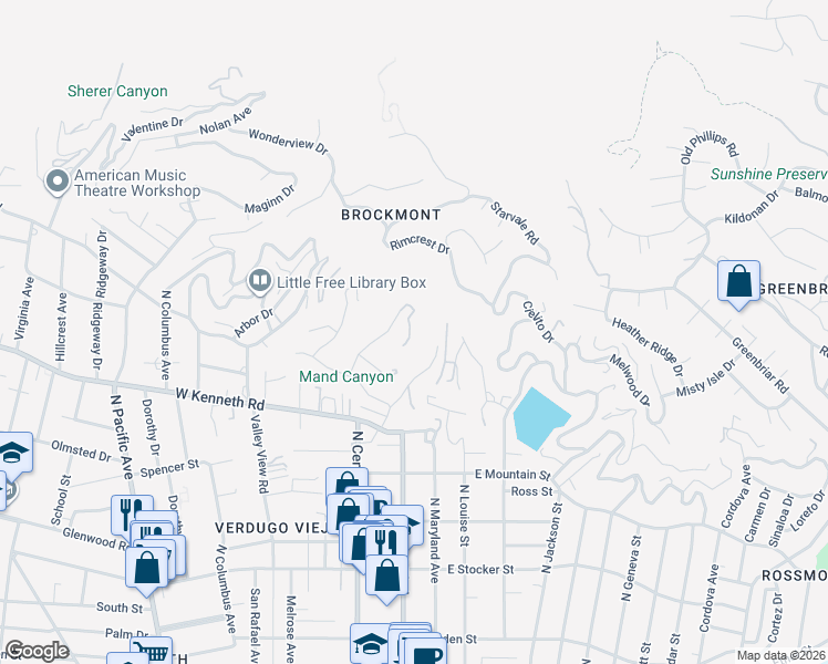 map of restaurants, bars, coffee shops, grocery stores, and more near 1656 Hazbeth Lane in Glendale