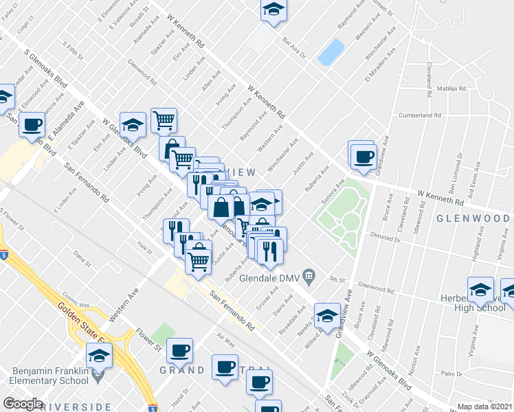 map of restaurants, bars, coffee shops, grocery stores, and more near 1140 Winchester Avenue in Glendale