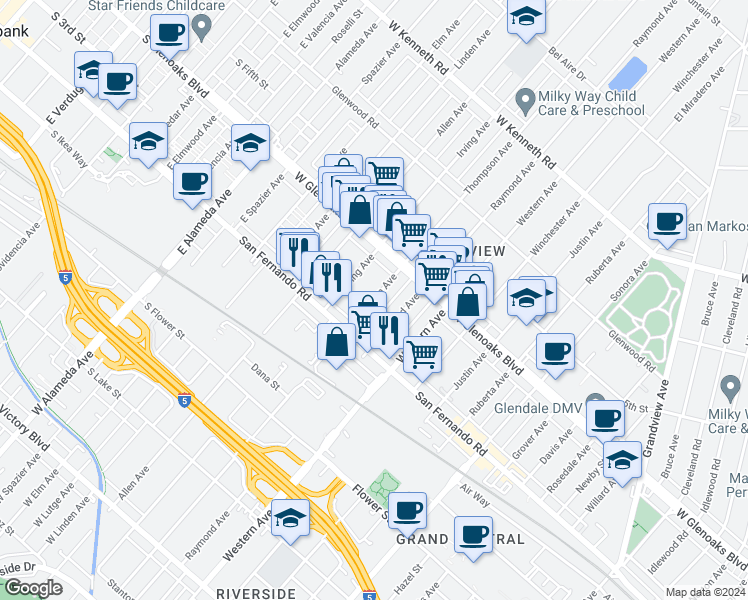 map of restaurants, bars, coffee shops, grocery stores, and more near 1063 Thompson Avenue in Glendale