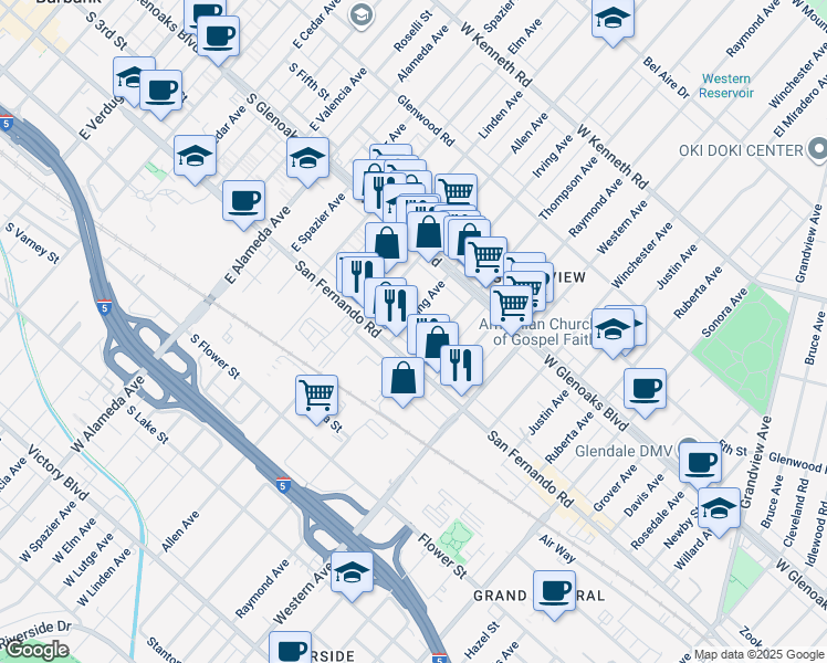 map of restaurants, bars, coffee shops, grocery stores, and more near 1017 Irving Avenue in Glendale
