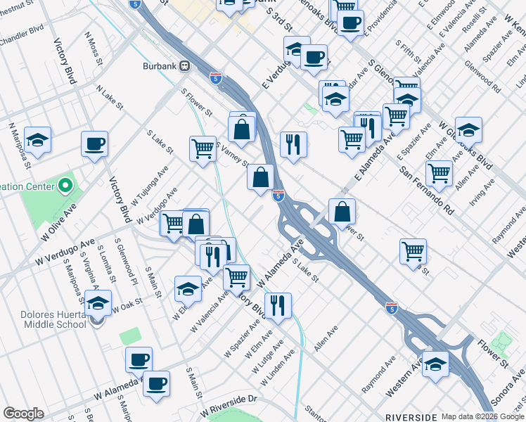 map of restaurants, bars, coffee shops, grocery stores, and more near 145 West Ash Avenue in Burbank