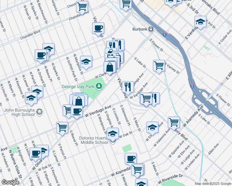 map of restaurants, bars, coffee shops, grocery stores, and more near 1005 West Angeleno Avenue in Burbank