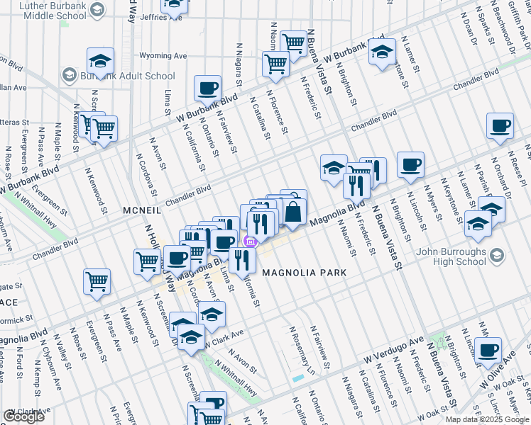 map of restaurants, bars, coffee shops, grocery stores, and more near 943 North Niagara Street in Burbank