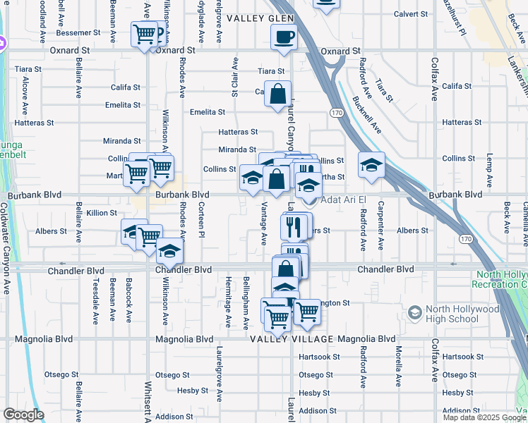 map of restaurants, bars, coffee shops, grocery stores, and more near 5540 Vantage Avenue in Los Angeles