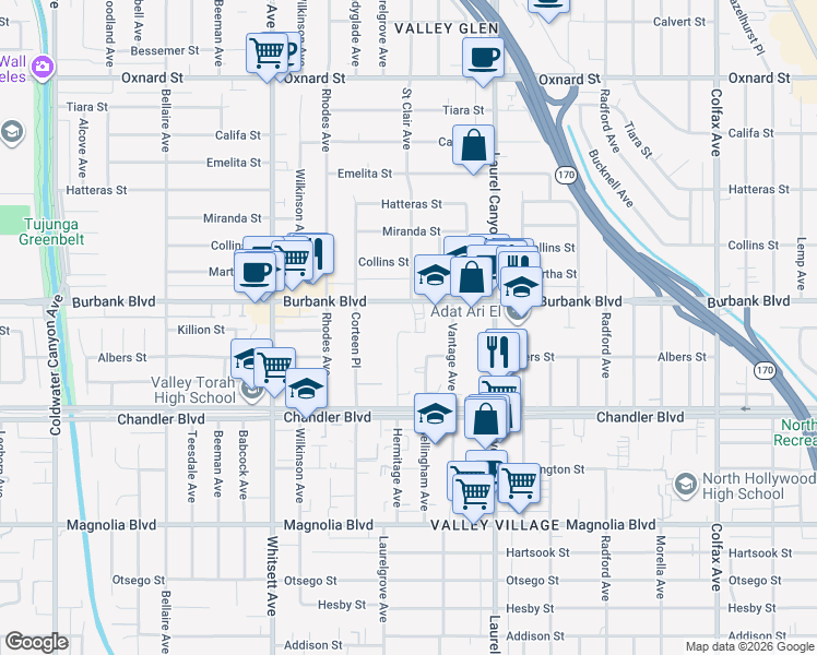 map of restaurants, bars, coffee shops, grocery stores, and more near 12235 Killion Street in Los Angeles