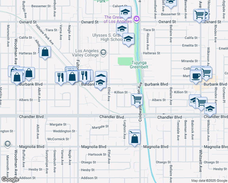 map of restaurants, bars, coffee shops, grocery stores, and more near 13047 Killion Street in Los Angeles