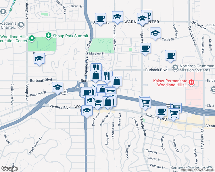 map of restaurants, bars, coffee shops, grocery stores, and more near 5530 Owensmouth Avenue in Los Angeles