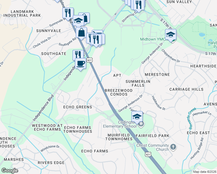 map of restaurants, bars, coffee shops, grocery stores, and more near 3939 Carolina Beach Road in Wilmington