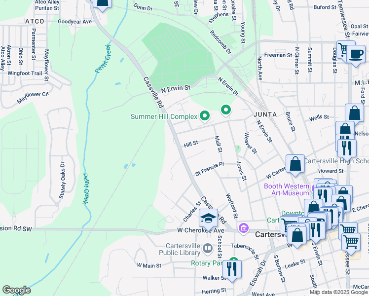 map of restaurants, bars, coffee shops, grocery stores, and more near 101 Cassville Road in Cartersville