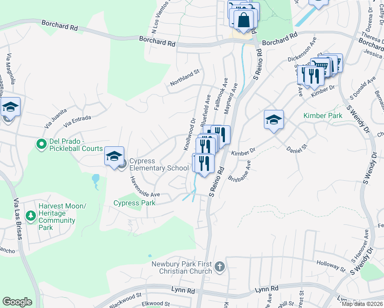 map of restaurants, bars, coffee shops, grocery stores, and more near 3851 Alex Court in Thousand Oaks