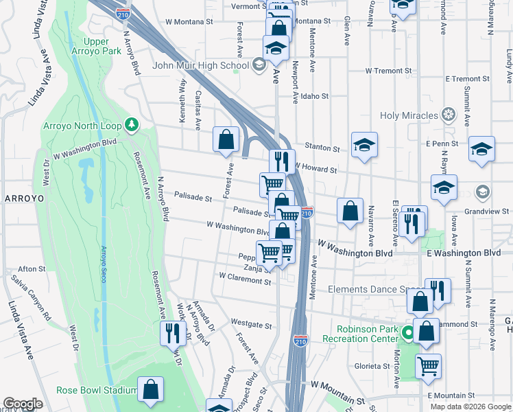 map of restaurants, bars, coffee shops, grocery stores, and more near 498 Macdonald Street in Pasadena