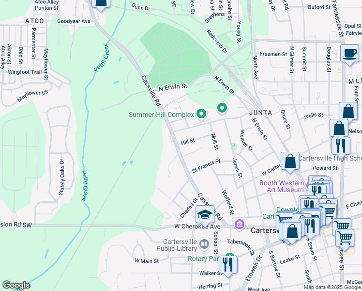 map of restaurants, bars, coffee shops, grocery stores, and more near 101 Cassville Road in Cartersville