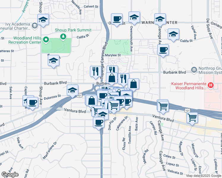 map of restaurants, bars, coffee shops, grocery stores, and more near 169 Burbank Boulevard in Los Angeles