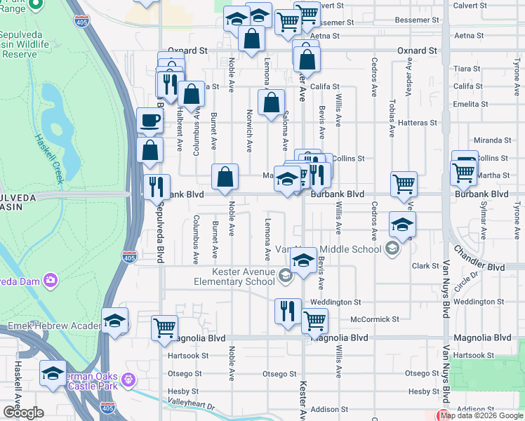 map of restaurants, bars, coffee shops, grocery stores, and more near 15009 Killion Street in Los Angeles