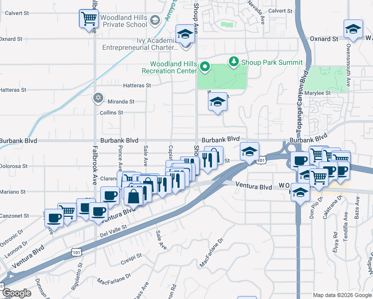 map of restaurants, bars, coffee shops, grocery stores, and more near 22423 Berdon Street in Los Angeles
