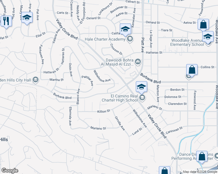 map of restaurants, bars, coffee shops, grocery stores, and more near 5557 El Canon Avenue in Los Angeles