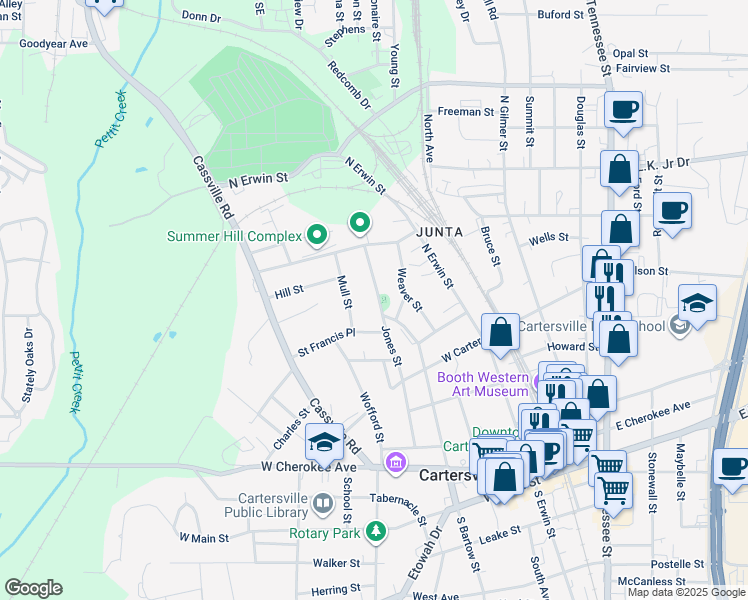 map of restaurants, bars, coffee shops, grocery stores, and more near Jane Boulevard in Bartow County