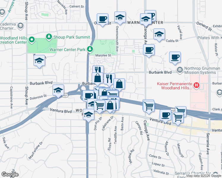 map of restaurants, bars, coffee shops, grocery stores, and more near 21860 Burbank Boulevard in Los Angeles