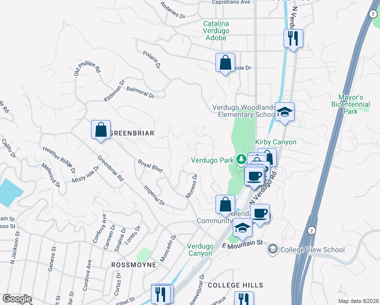 map of restaurants, bars, coffee shops, grocery stores, and more near 1611 Puebla Drive in Glendale
