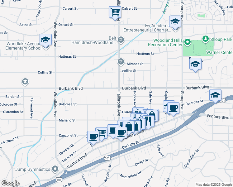 map of restaurants, bars, coffee shops, grocery stores, and more near 5543 Fallbrook Avenue in Los Angeles