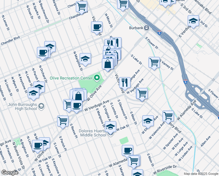 map of restaurants, bars, coffee shops, grocery stores, and more near 1011 West Angeleno Avenue in Burbank