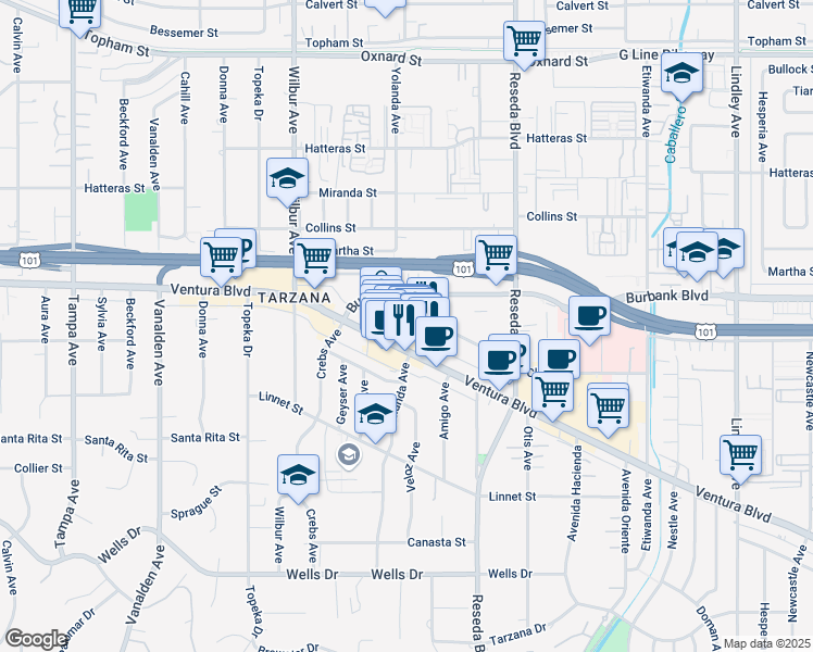 map of restaurants, bars, coffee shops, grocery stores, and more near 18666 Clark Street in Los Angeles