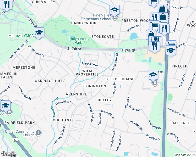 map of restaurants, bars, coffee shops, grocery stores, and more near 1500 Amhearst Court in Wilmington