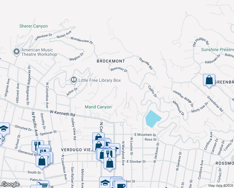 map of restaurants, bars, coffee shops, grocery stores, and more near 1656 Hazbeth Lane in Glendale