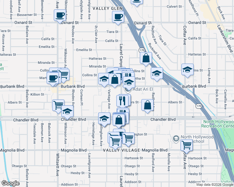 map of restaurants, bars, coffee shops, grocery stores, and more near in Los Angeles