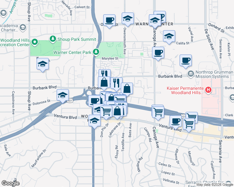 map of restaurants, bars, coffee shops, grocery stores, and more near 21820 Burbank Boulevard in Los Angeles