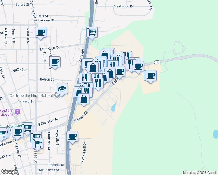 map of restaurants, bars, coffee shops, grocery stores, and more near 577 East Main Street in Cartersville