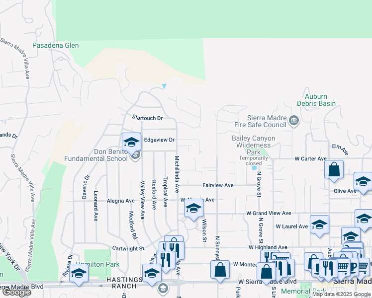 map of restaurants, bars, coffee shops, grocery stores, and more near 526 Michillinda Way in Sierra Madre