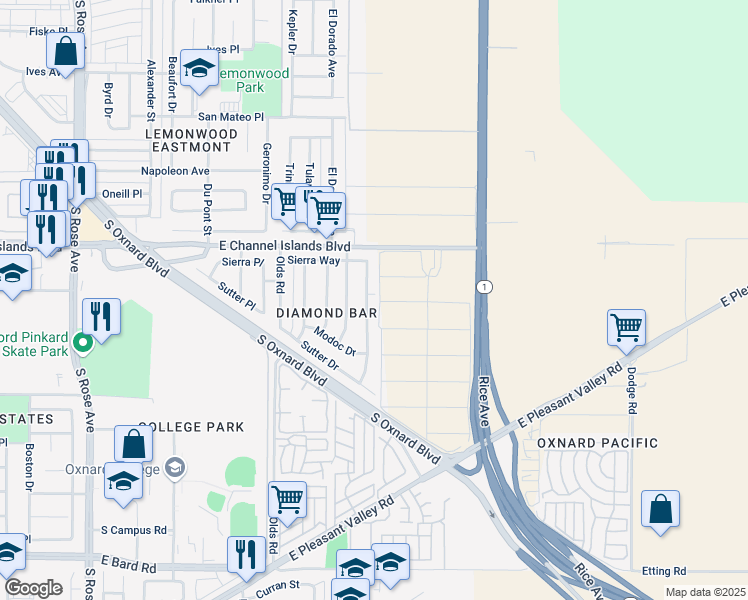 map of restaurants, bars, coffee shops, grocery stores, and more near 2250 Solano Way in Oxnard