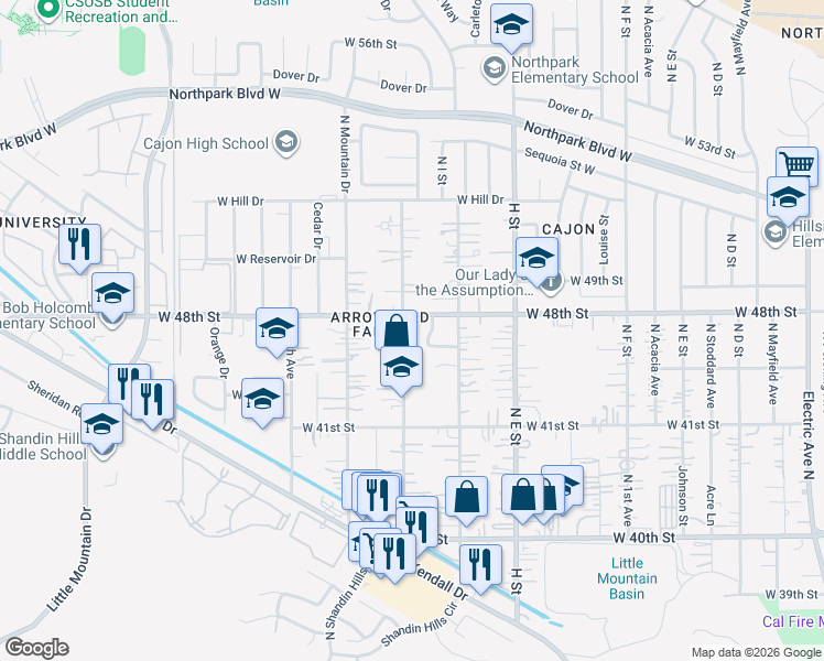 map of restaurants, bars, coffee shops, grocery stores, and more near 4193 North 3rd Avenue in San Bernardino County