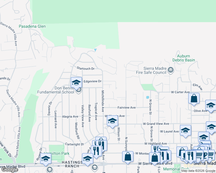 map of restaurants, bars, coffee shops, grocery stores, and more near 526 North Michillinda Avenue in Sierra Madre